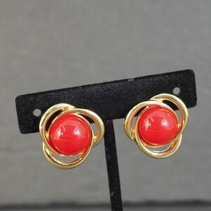 Monet Earrings Gold Tone Red Dome Cabochon Clip On Swirl Statement Signed Round